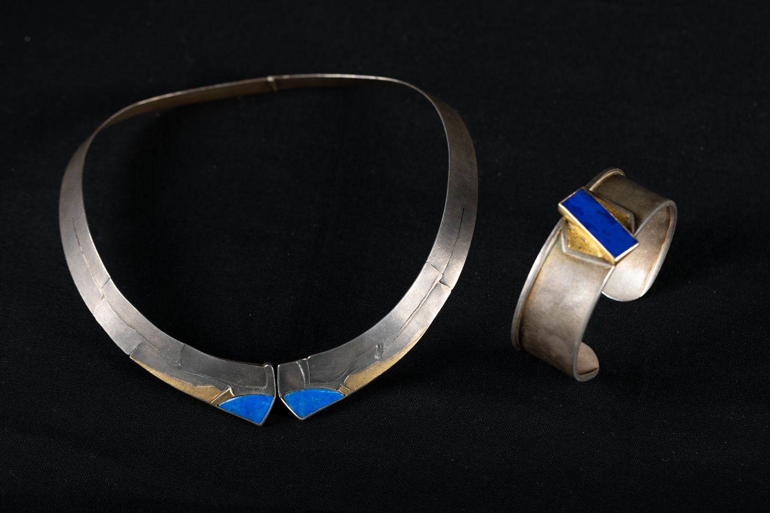 Null Silver and gold bangle and necklace with lapis lazuli, bangle 28g, necklace&hellip;