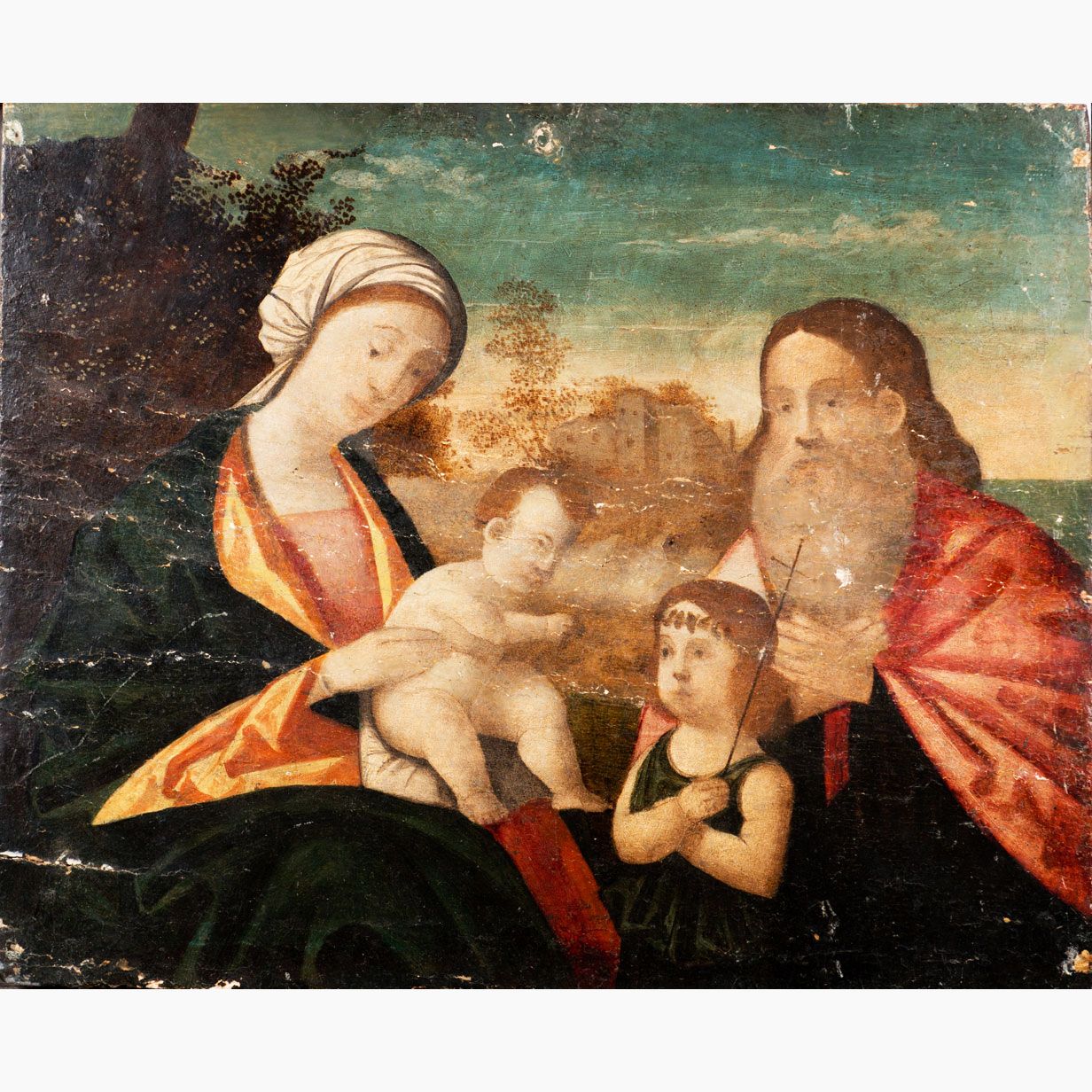 North Italian Artist 16th Century 
北意大利艺术家16世纪，风景中的神圣家庭，油彩或蛋彩，木板。34X41,5厘米