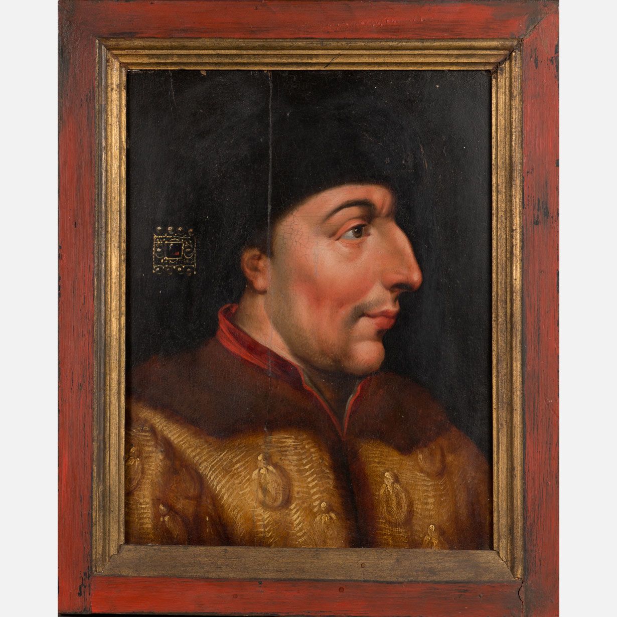 Artist 15th/16th Century 艺术家 15/16世纪，路易十一（1423-1483）的肖像，橡木板上的油画，带框。38X30厘米
