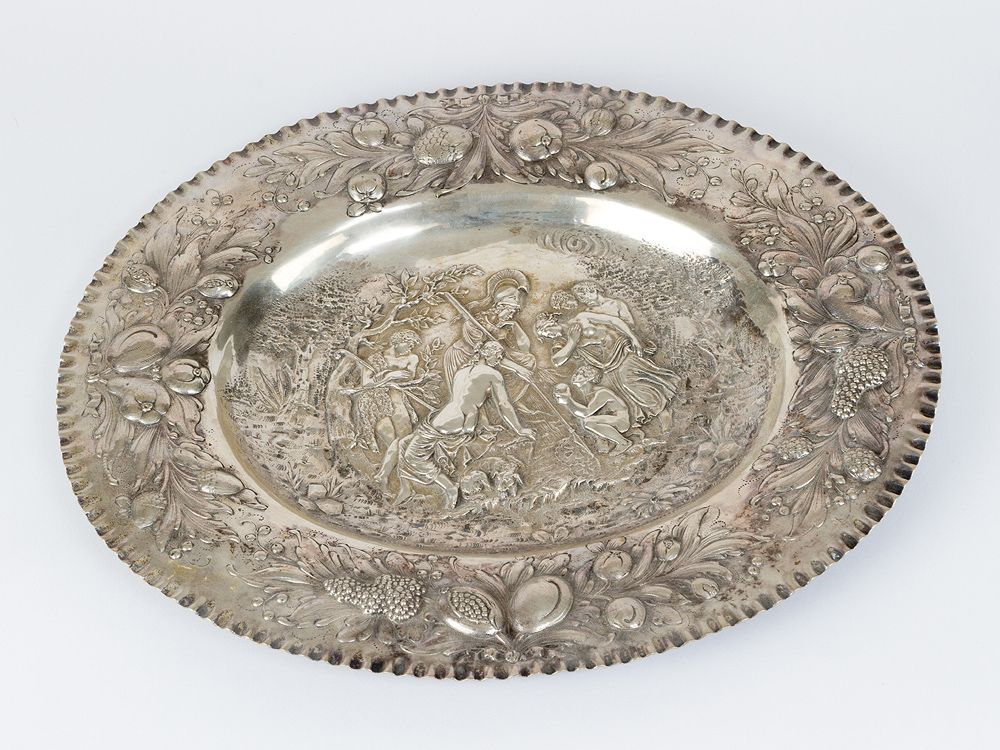 SILVER SALVER Silver salver, in oval shape with lower centre, wide border decora&hellip;