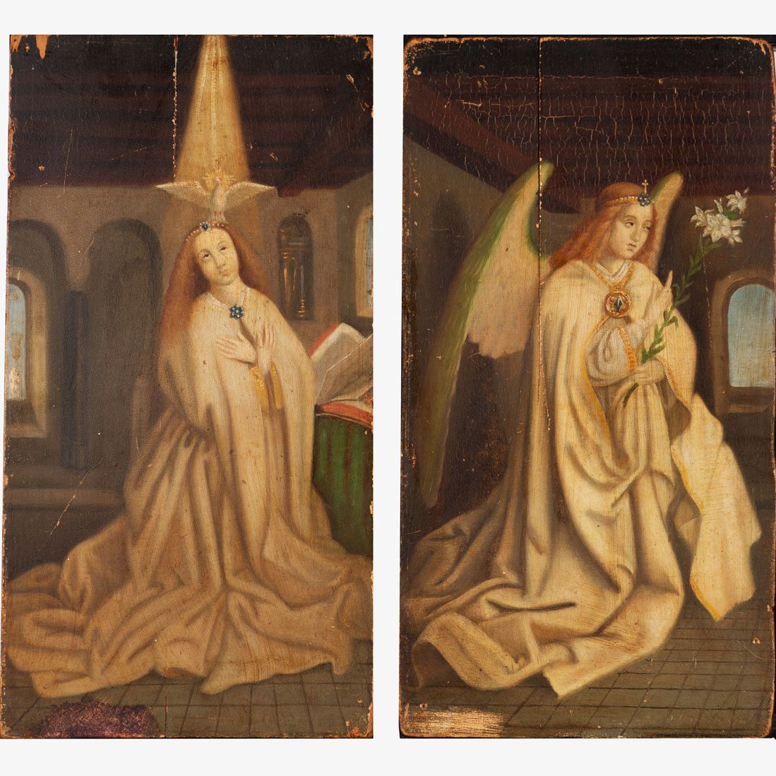 German School 16th/17th Century 德国学校16/17世纪，两块木板展示了《公告》和《天使》；木板上的油画，损坏。35,5x18,5&hellip;