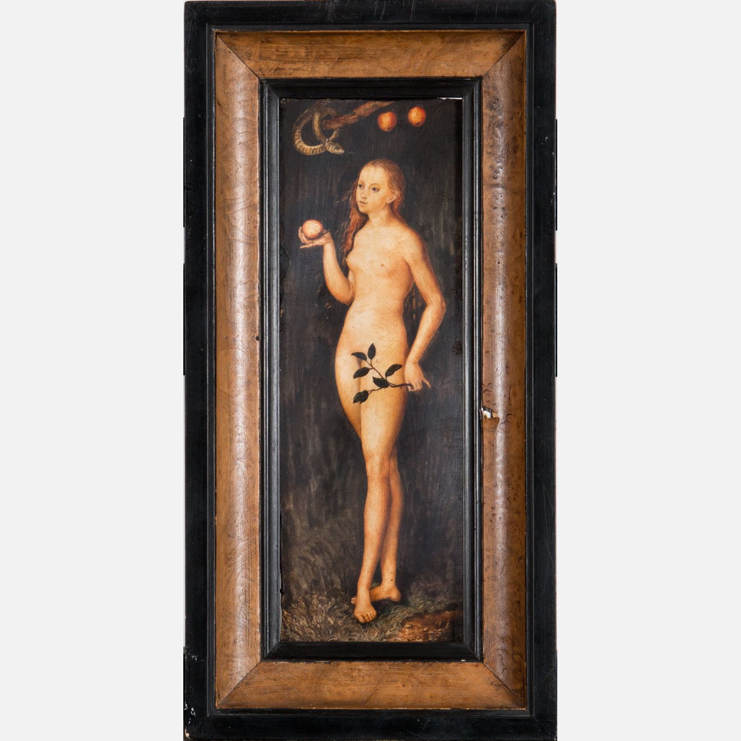 Lucas Cranach (1472-1553)-follower 卢卡斯-克拉纳赫（1472-1553）--追随者，玛丽亚与苹果和蛇，木板上的油画，玻璃下的&hellip;