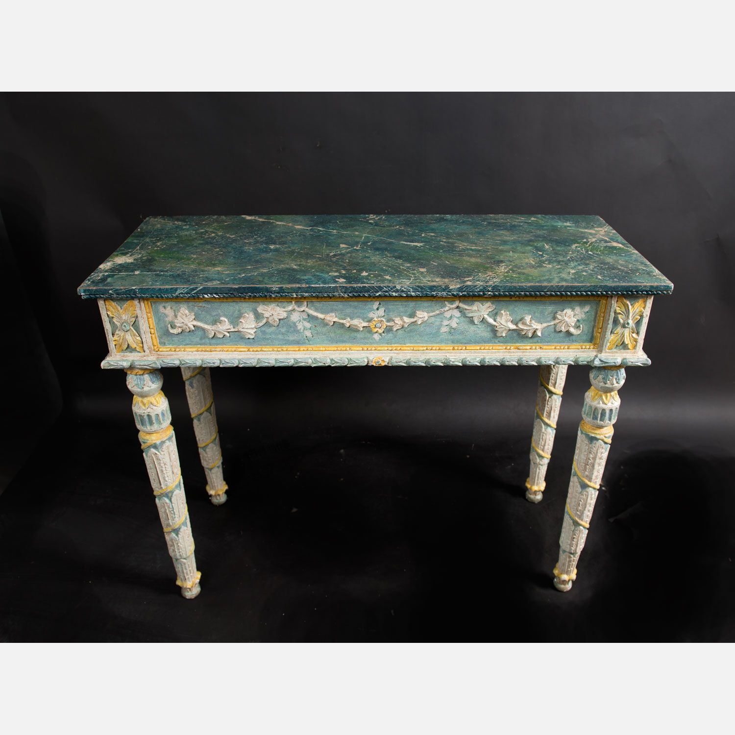 Turin console Table 都灵控制台，长方形的桌面上有明亮的边框，四个圆柱形的脚，雕刻着装饰品和花朵，白色的蓝色和黄色的奶油色，顶部是仿大理石的木&hellip;