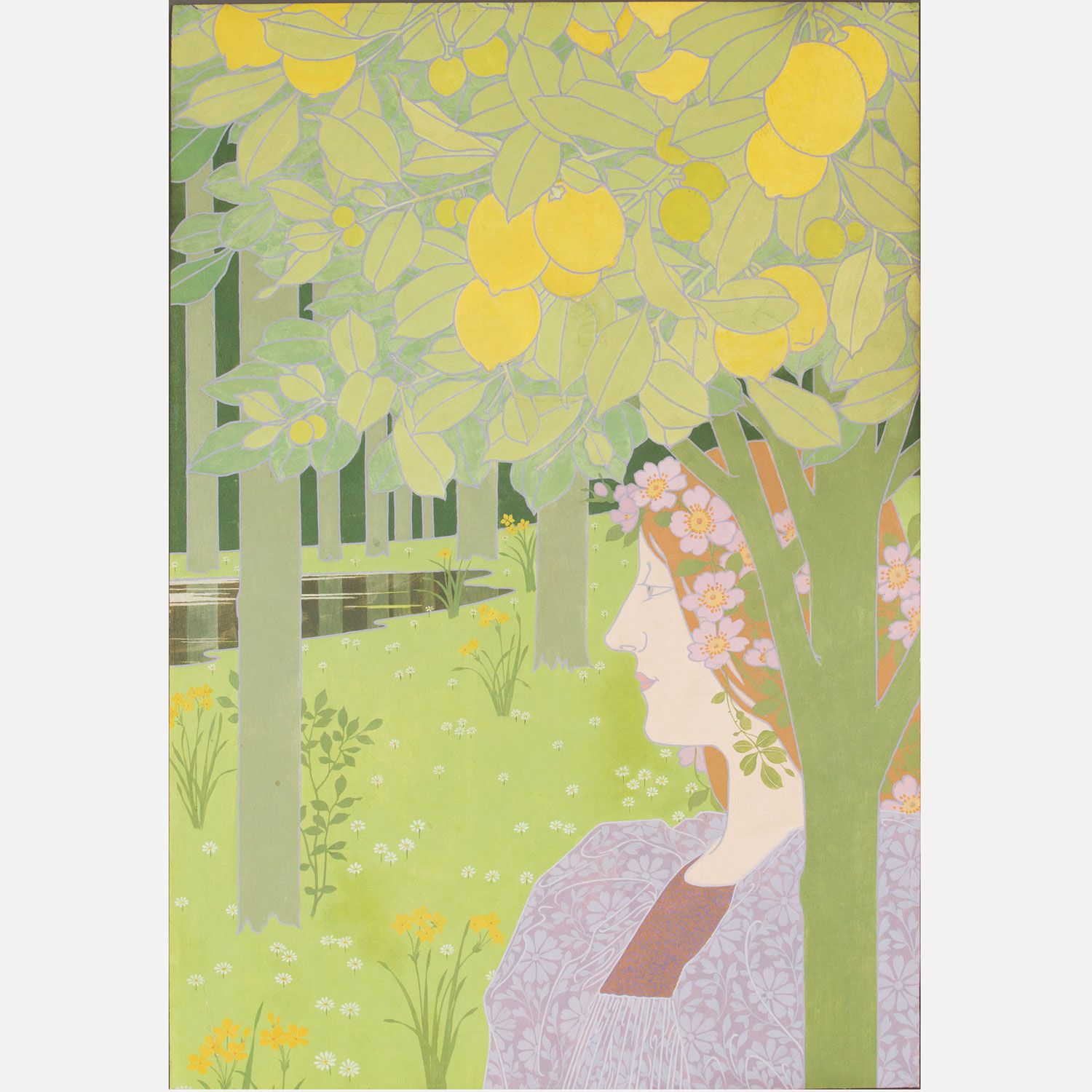 Art Nouveau Artist 新艺术派艺术家，风景中的女孩 蛋彩画在板上 68x47厘米