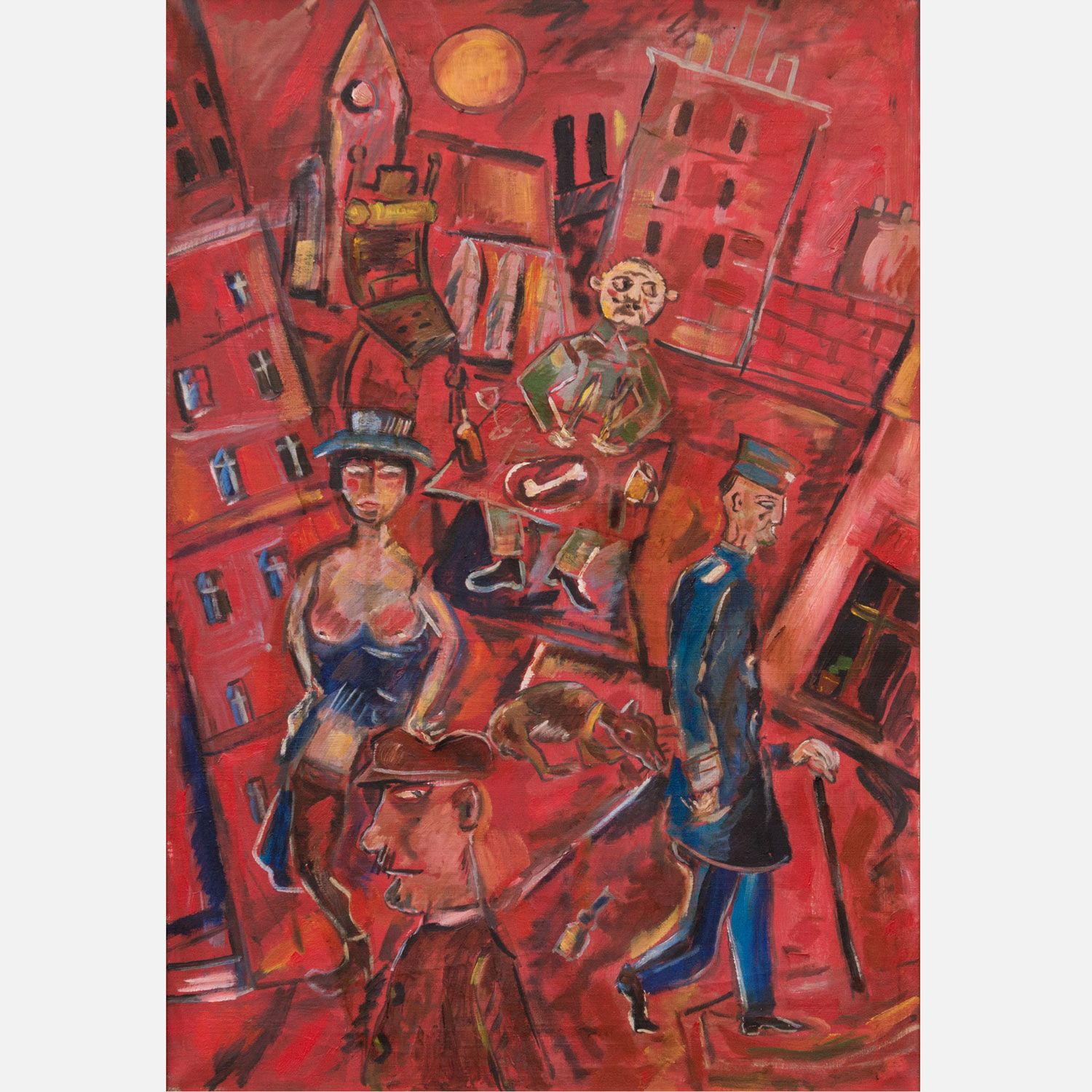 German Expressionistic School 20th Century 德国表现主义画派20世纪，红色小镇与士兵妓女狗和其他 ，布面油画，有框架，&hellip;