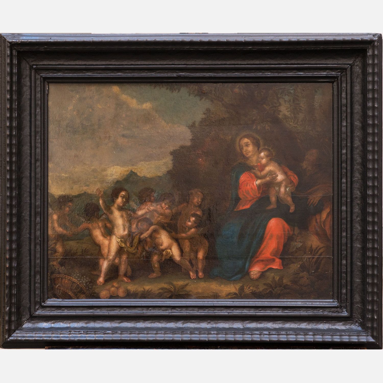 Jan van Balen (1611-1654) -attributed 扬-凡-巴伦（1611-1654）--署名，风景中的玛丽亚与耶稣，被天使环绕的木板油&hellip;