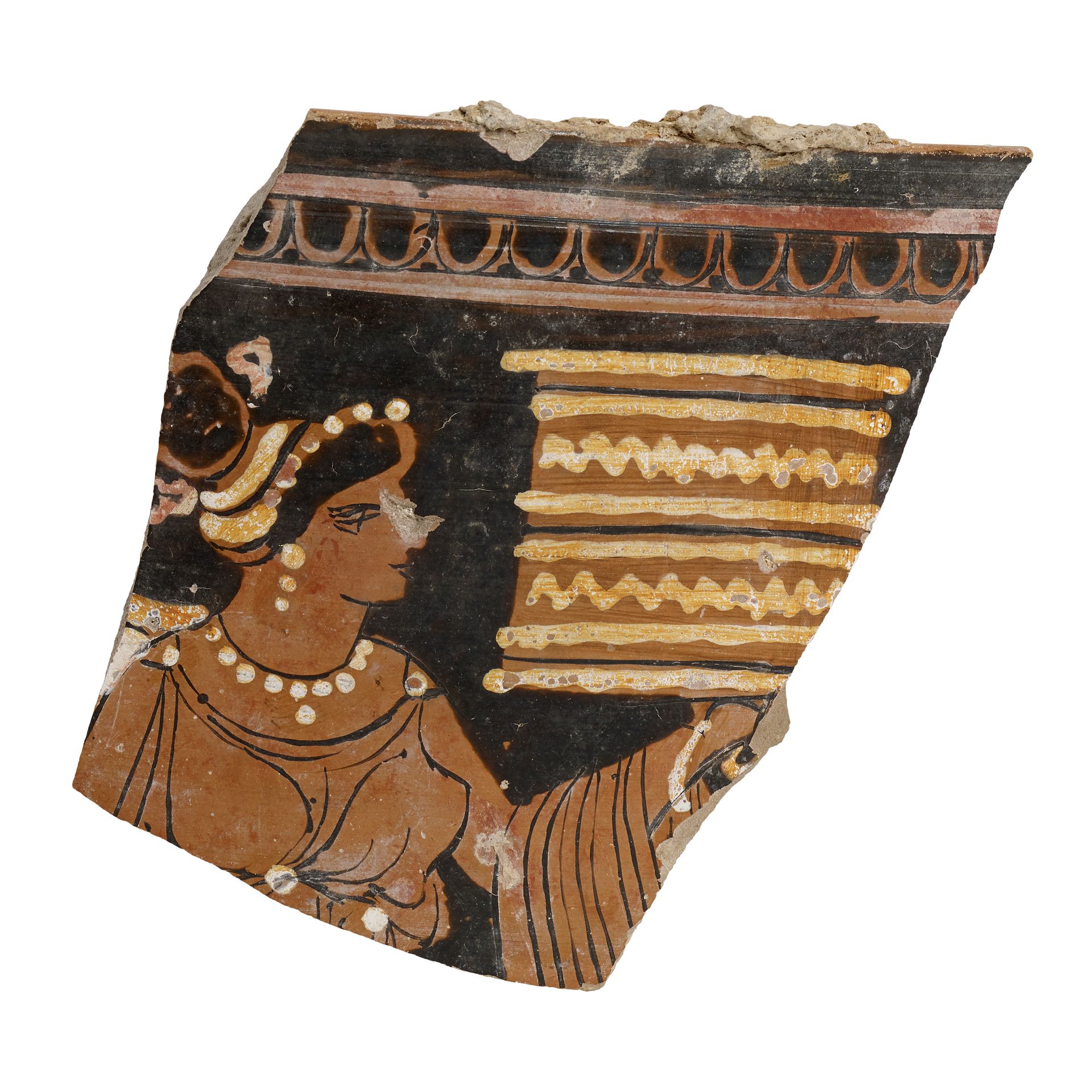 Null 阿普利亚碎片与红色人物

日期：公元前4世纪。C.

材料和技术：粉红色的figulina粘土，黑色油漆，白色，橙色和红色油漆，在陶轮上建模。

镂空&hellip;