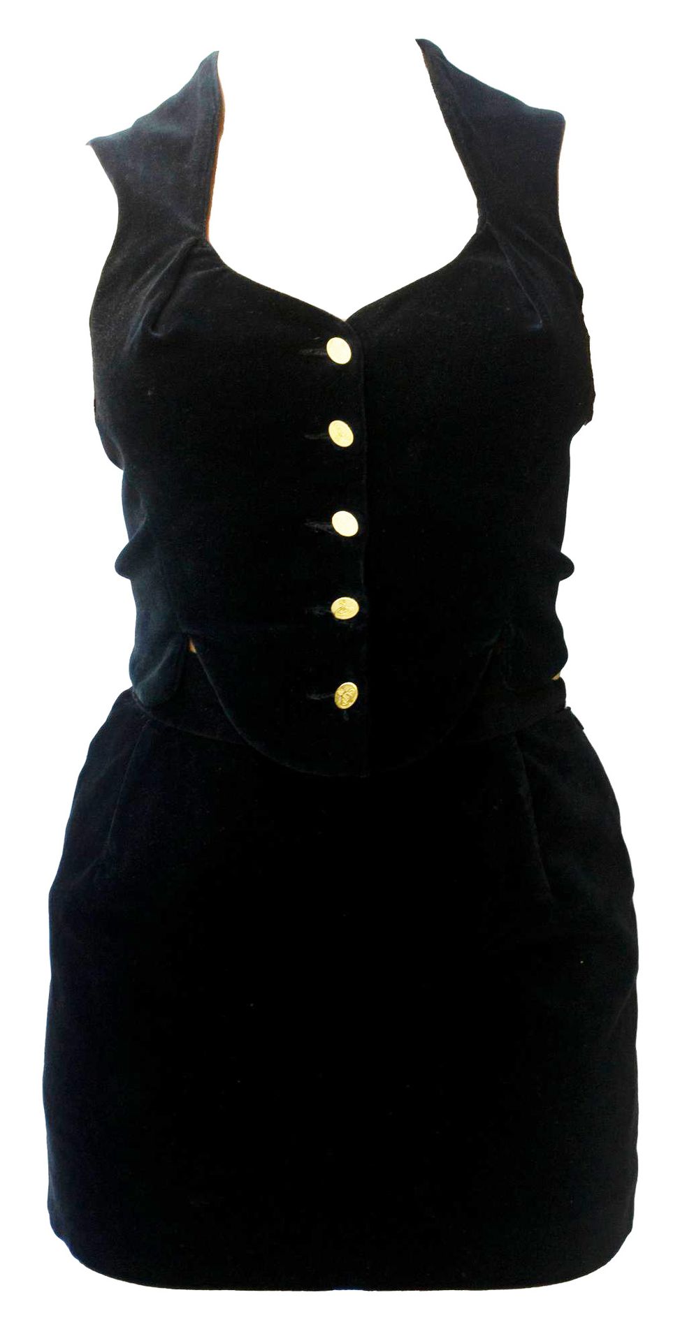 Null 薇薇安-韦斯特伍德

天鹅绒上衣套装



描述。

黑色弹性天鹅绒套装，由内衬上衣和迷你裙组成。金色的金属纽扣上有压印的Orb标志。意大利制造。90&hellip;