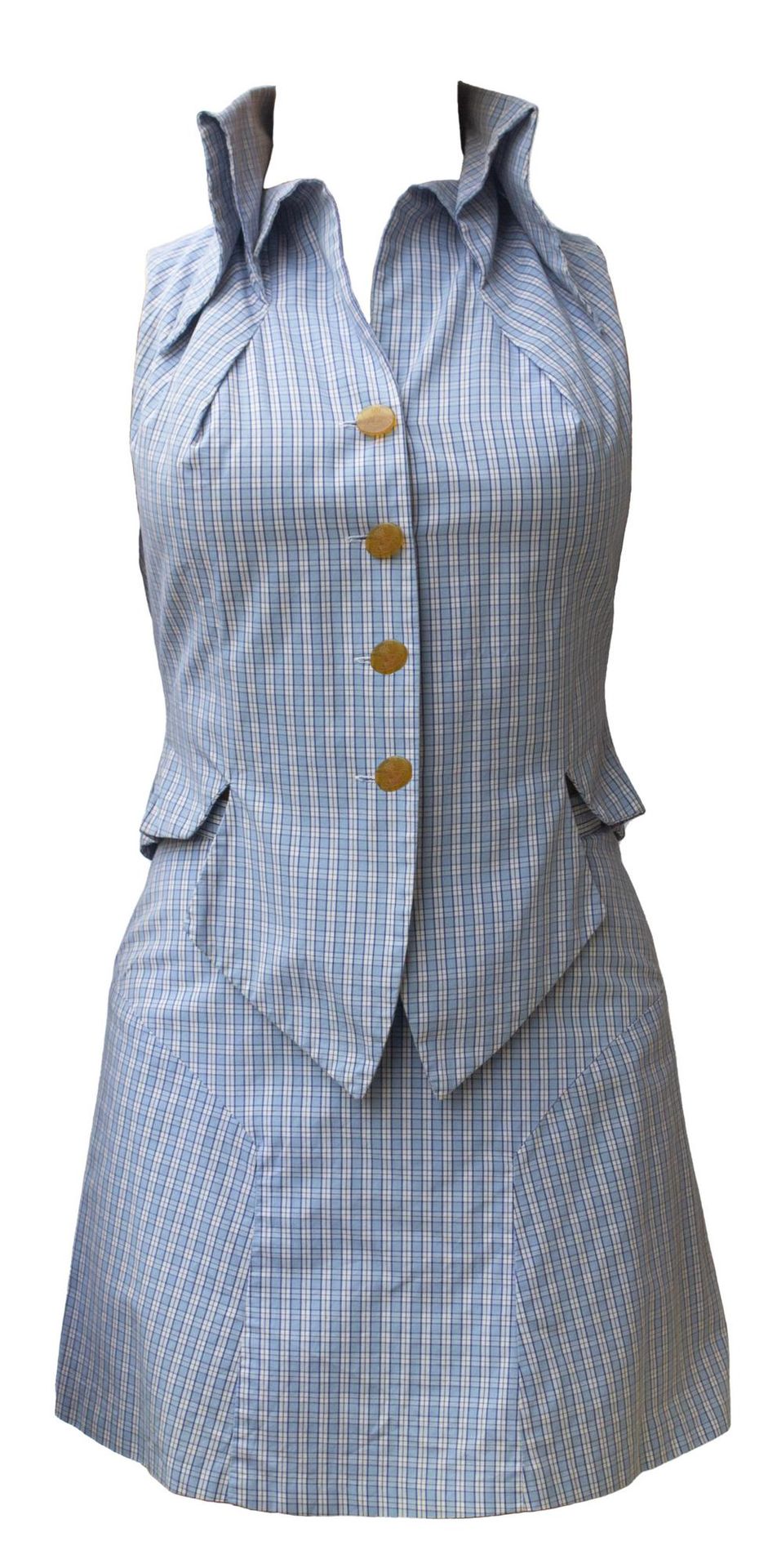 Null 薇薇安-韦斯特伍德

衬衫套装



描述。

带重要领子的马甲和后面有褶皱的喇叭迷你裙，采用意大利制造的淡蓝色小格子的精细托马斯-梅森衬衣面料。来自&hellip;