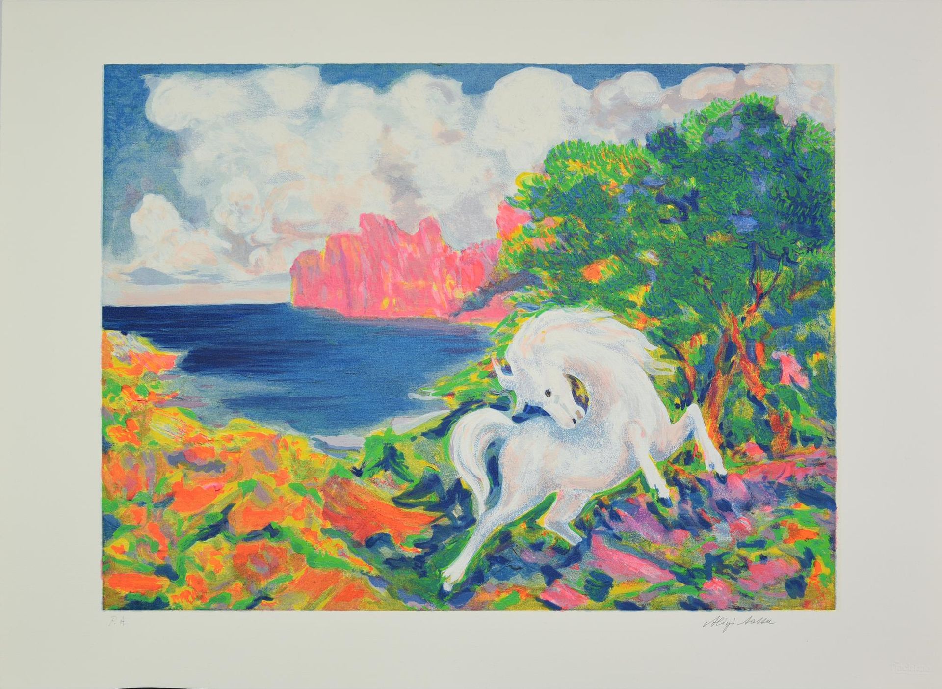 Null 阿利吉-萨苏
(1912 - 2000)
湾区的白马, 1997
丝网版画，59.5x79.5厘米；ex. P.A.
签名和印数

书目
N.Sass&hellip;