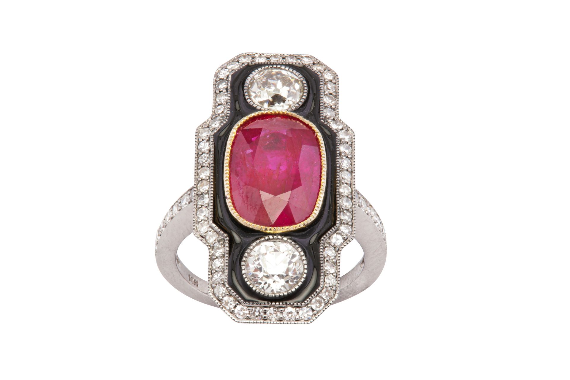 A ruby, black enamel and diamond dress ring A ruby, black enamel and diamond dre&hellip;