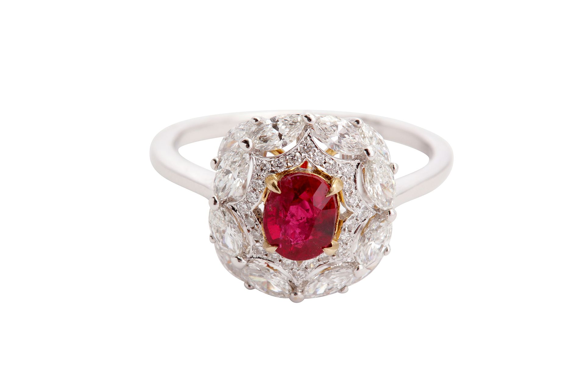 A ruby and diamond ring A ruby and diamond ring The oval-cut ruby, weighing 1.02&hellip;