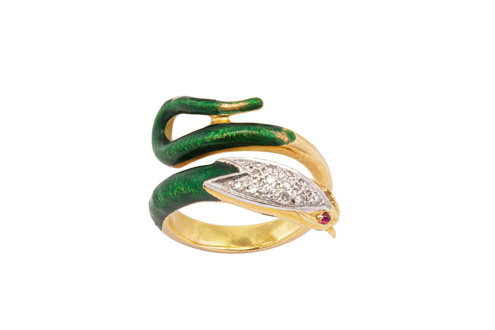 A.Daou I A green enamel, diamond and ruby ring, circa 1965 A green enamel, diamo&hellip;