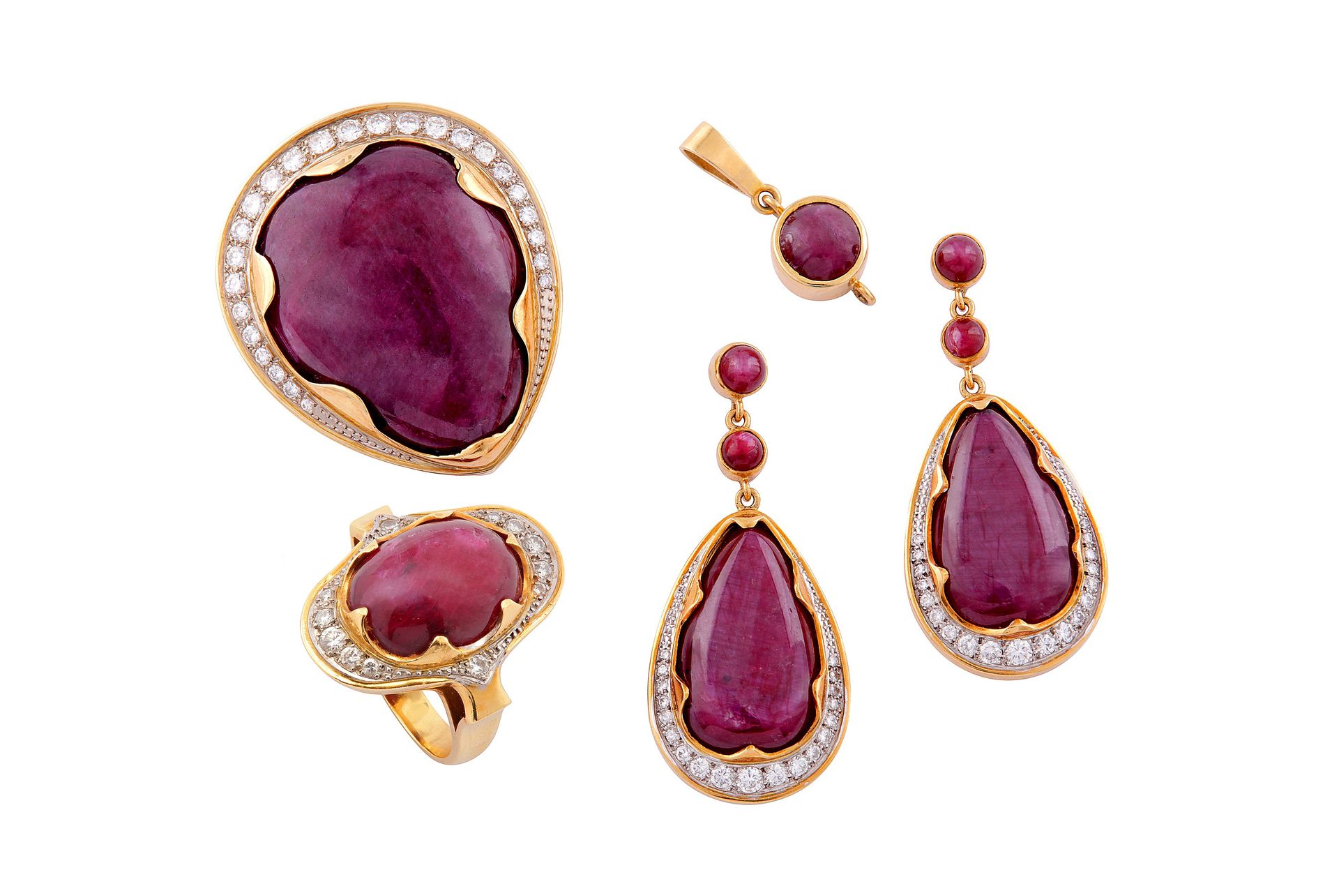 A ruby and diamond ring, brooch, earrings and pendant necklace suite A ruby and &hellip;