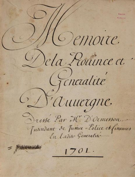 Null [AUVERGNE / MANUSCRIT]. ORMESSON (Antoine François Le Fevre d'). « Mémoire &hellip;