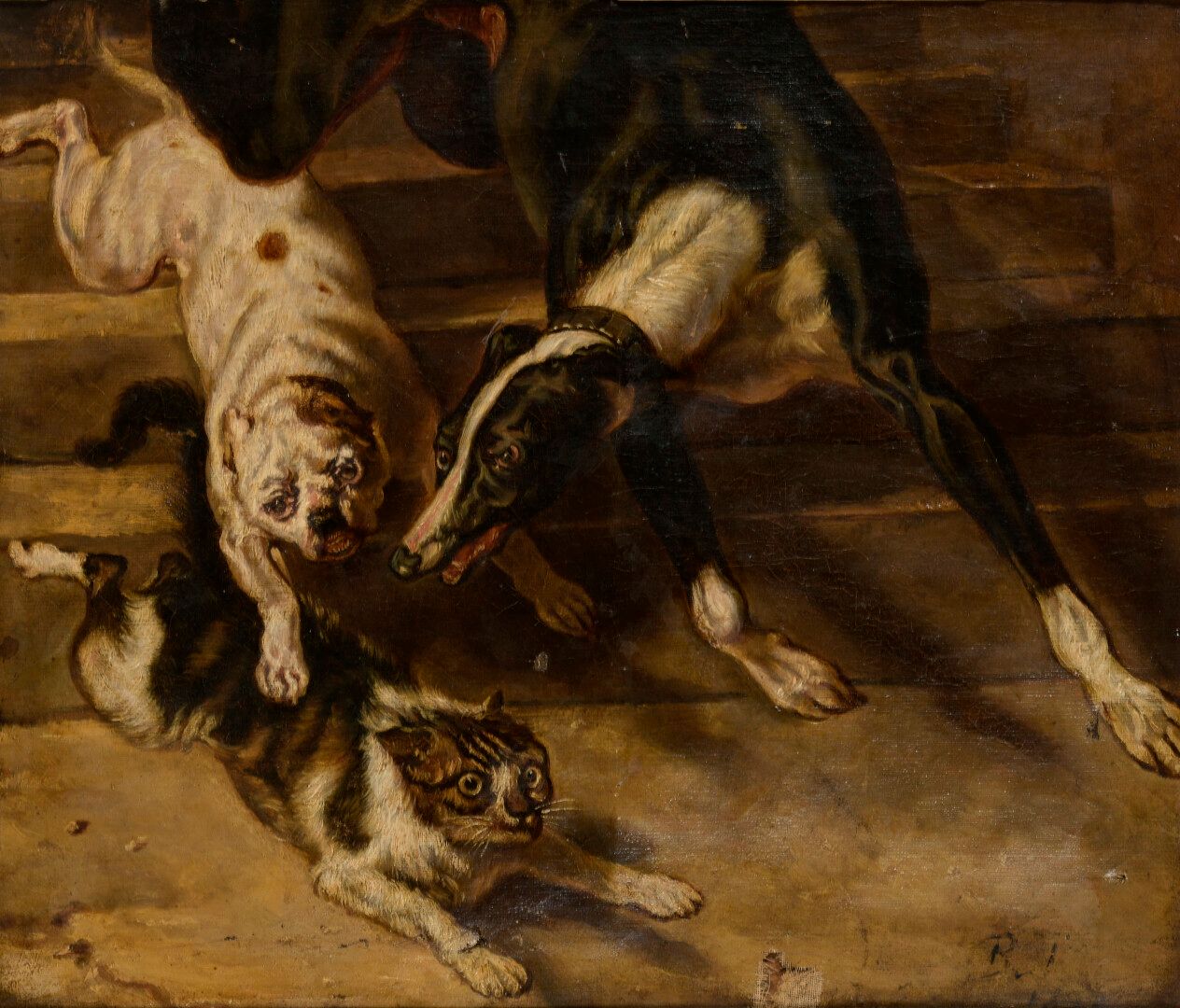 Ecole du XIXe siècle. 19世纪的学校

狗在追赶一只猫

布面油画。签名的痕迹。

事故。

50 x 65厘米