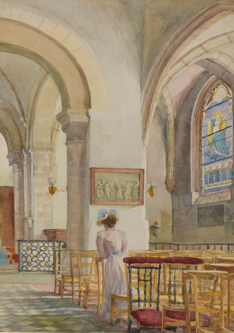 École FRANÇAISE de la fin du XIXe siècle 19世纪末的法国学校

在教堂里祈祷的妇女

水彩。

右边有泪痕，角落里有湿&hellip;