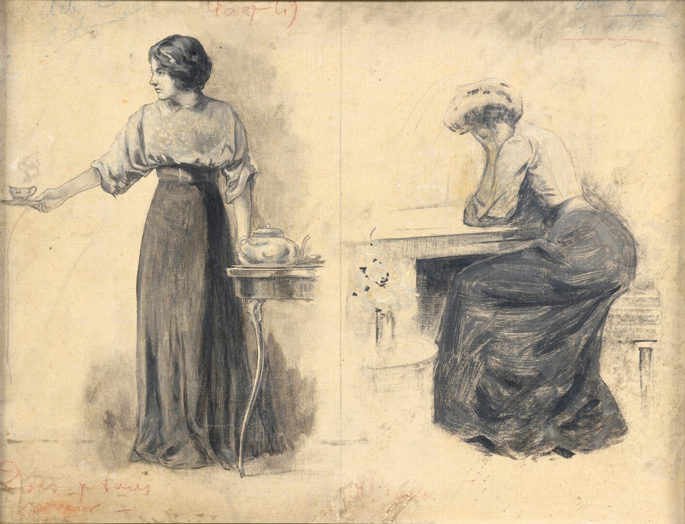 École française du XIXe siècle. 19世纪的法国学校

对妇女的研究。

布面油画，左下方有签名的痕迹

左下角。

修复。

2&hellip;