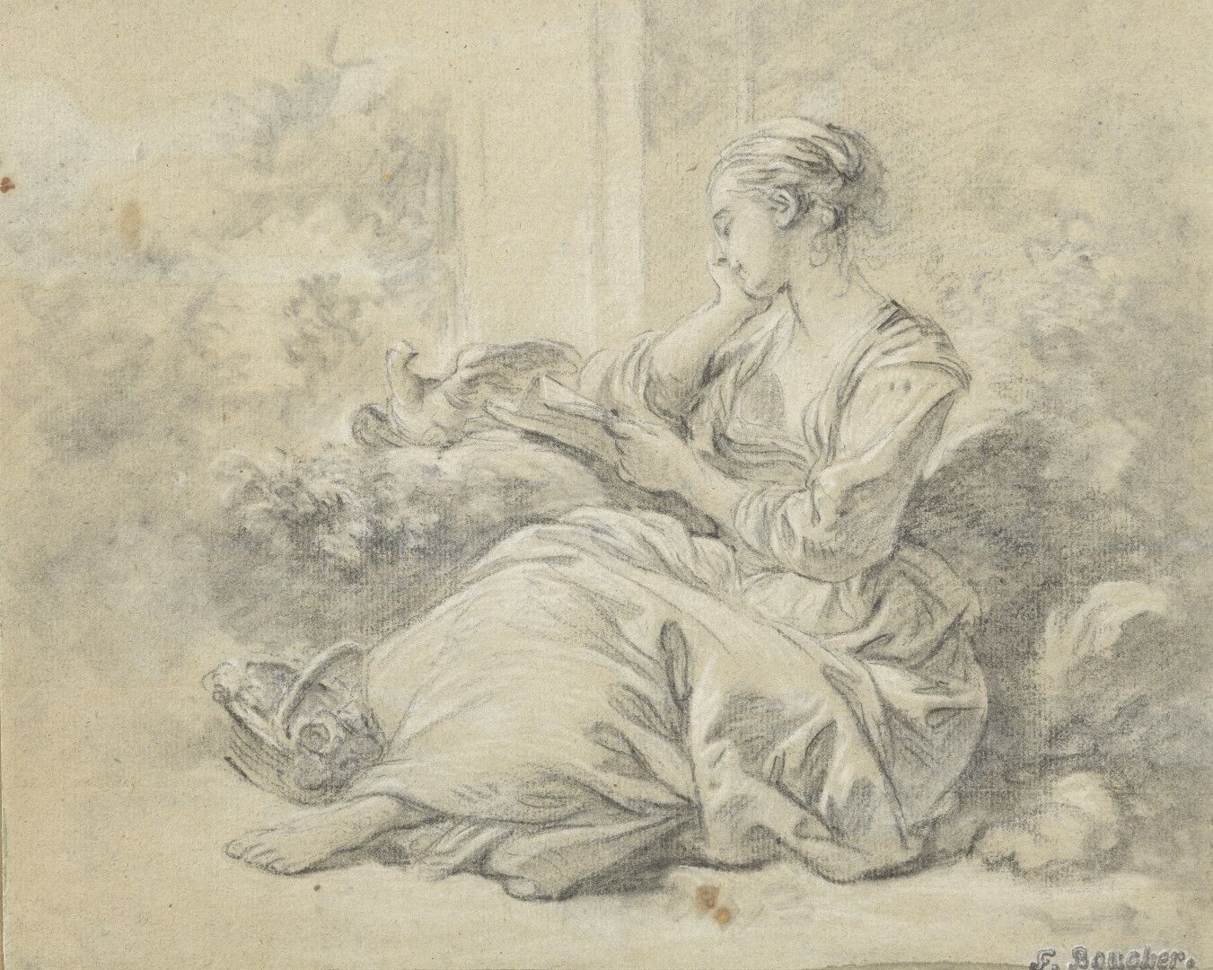 Null 归功于François BOUCHER

(巴黎 1703-1770)

坐在地上看书的女人，有一只鸽子

褪色的蓝纸上的黑石和白粉笔亮点

26 x&hellip;
