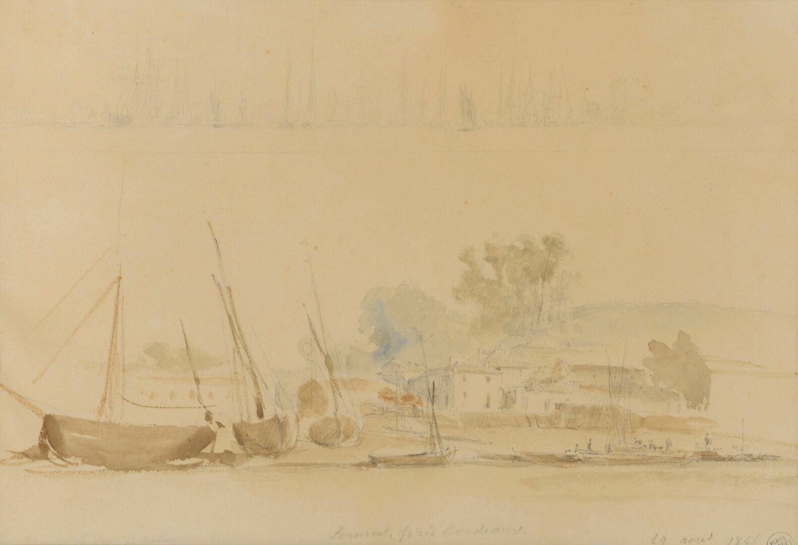 Auguste RAFFET (1804-1860) 奥古斯特-拉费特 (1804-1860)

波尔多附近的Lormont

水彩和石墨。

中间有标题，日期&hellip;