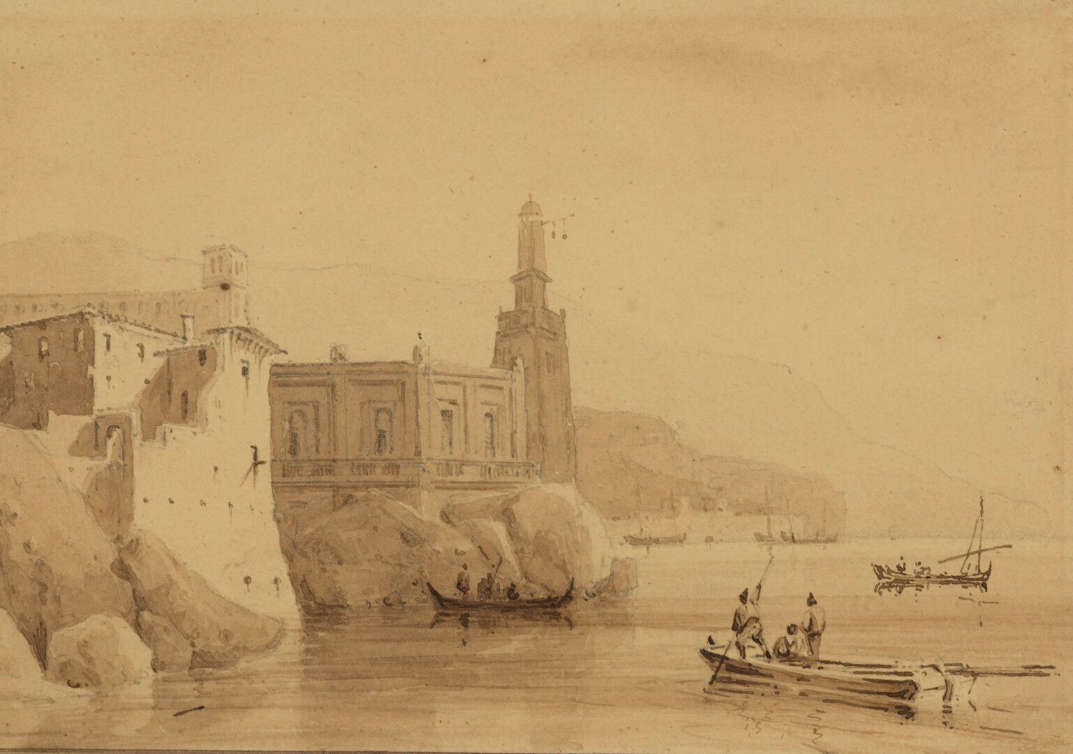 École Napolitaine du XIXe siècle 19世纪的纳波利坦学校

那不勒斯湾的景色

对洗。

染色剂。

13 x 19 cm 正在&hellip;