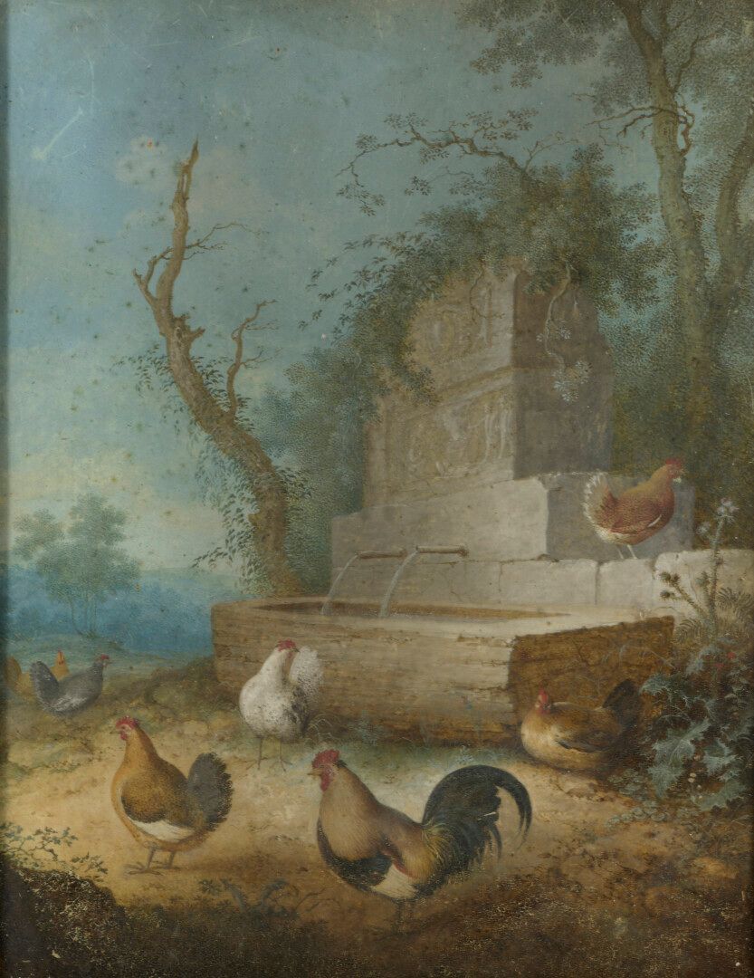 École HOLLANDAISE vers 1800 约1800年的HOLLAND学校

喷泉边的小鸡

粘贴在面板上的纸上油彩

削球。

33 x 25,&hellip;