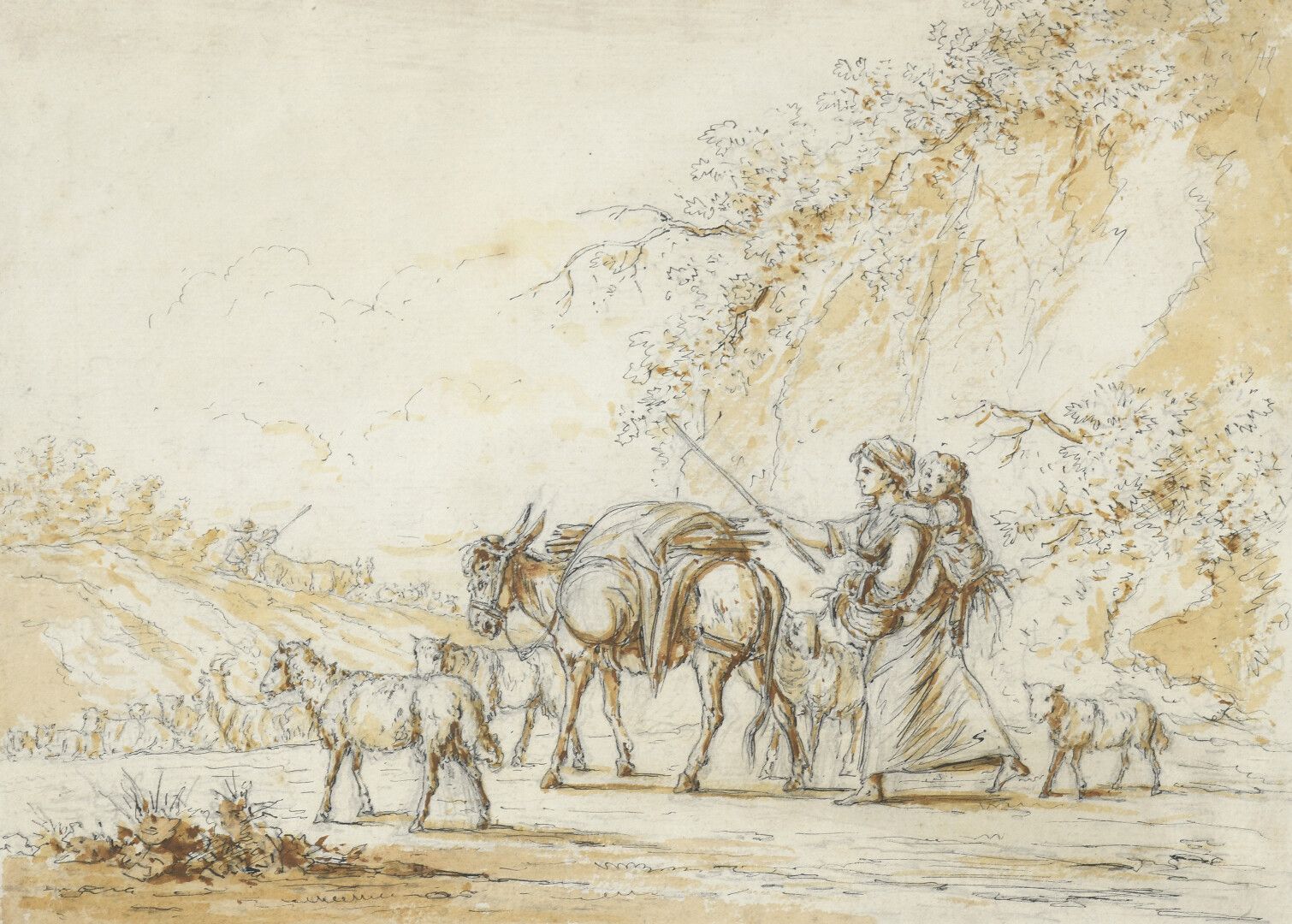 Null 18世纪末的法国学校

年轻的母亲和孩子与驴子和羊在一起

墨水和红色粉笔。

17,5 x 24 cm