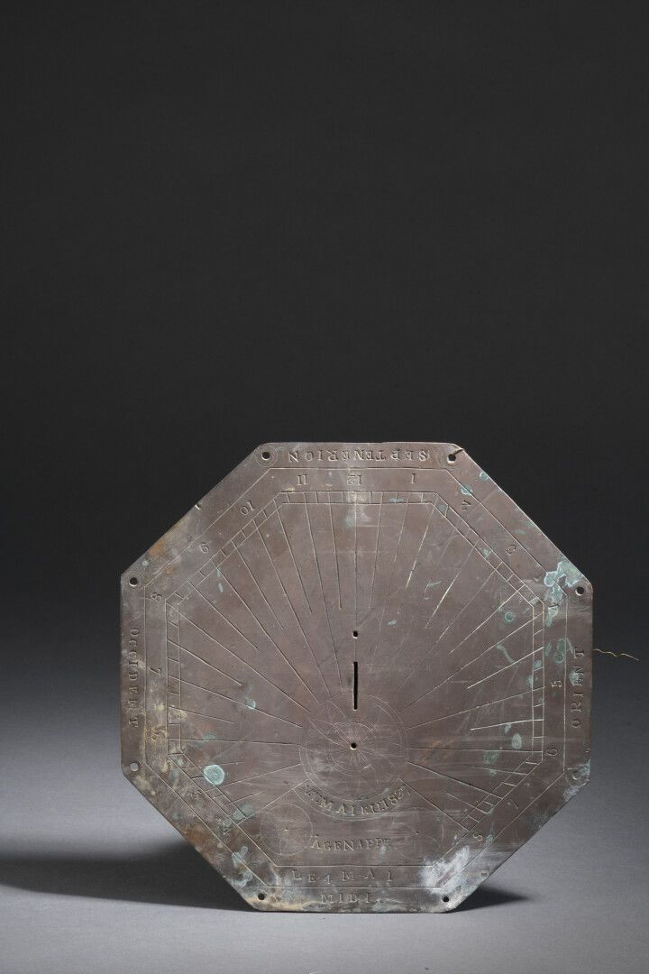 Null 日期为1827年的铜质日晷板

八角形，有雕刻的装饰。

D. 25厘米