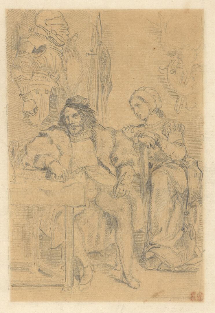 Null 
欧仁-德拉克洛瓦(1798-1863)

戈兹-凡-贝里辛格写他的回忆录

约1840-42年

铅笔画。

带图案的E.D.

22.5 x 15&hellip;