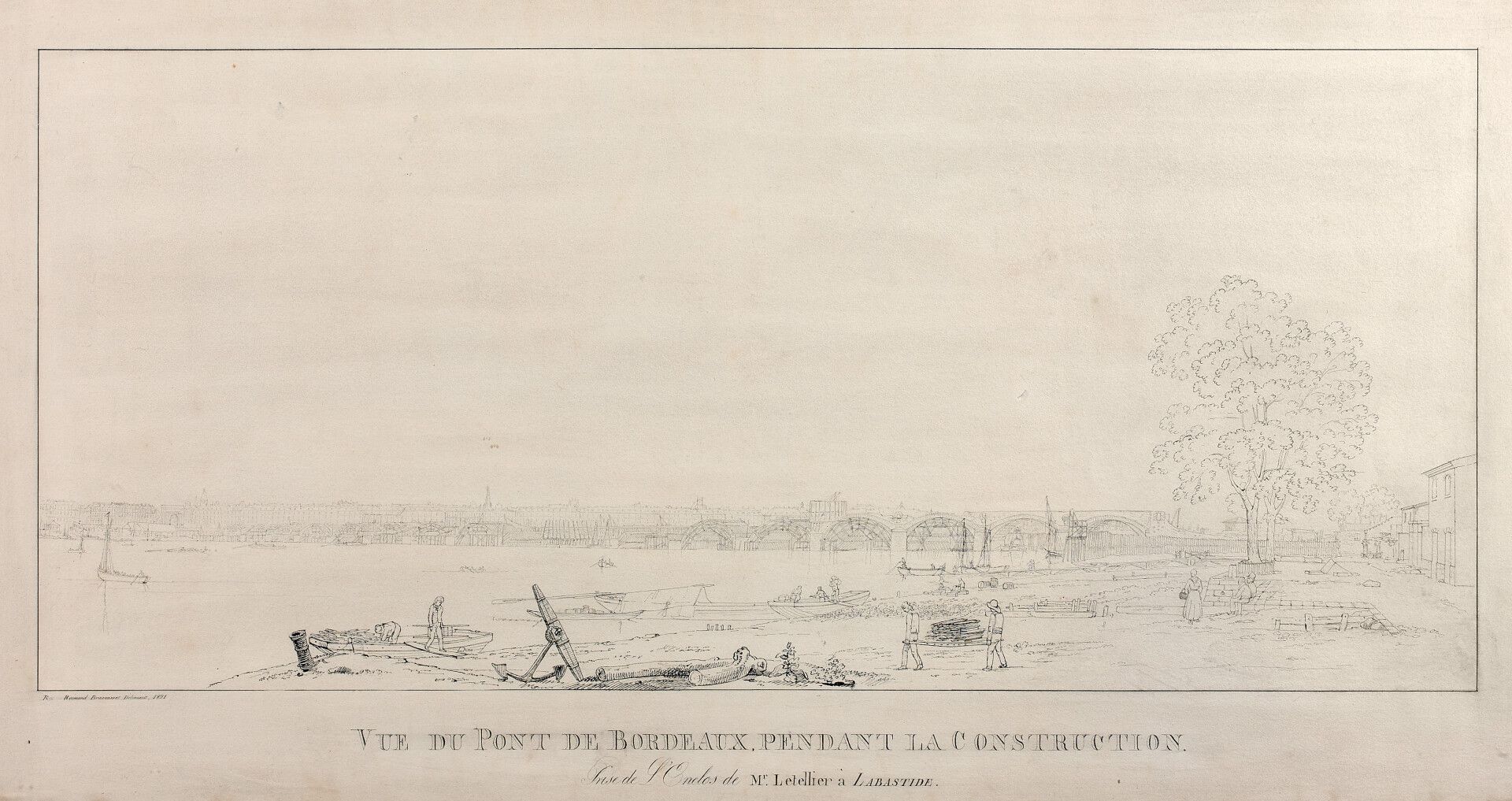 Null 雷蒙-布拉卡萨（Raimond BRASCASSAT）（波尔多1804-巴黎1867）。

施工中的波尔多大桥景观

钢笔和黑色墨水覆盖在黑色铅笔线条&hellip;