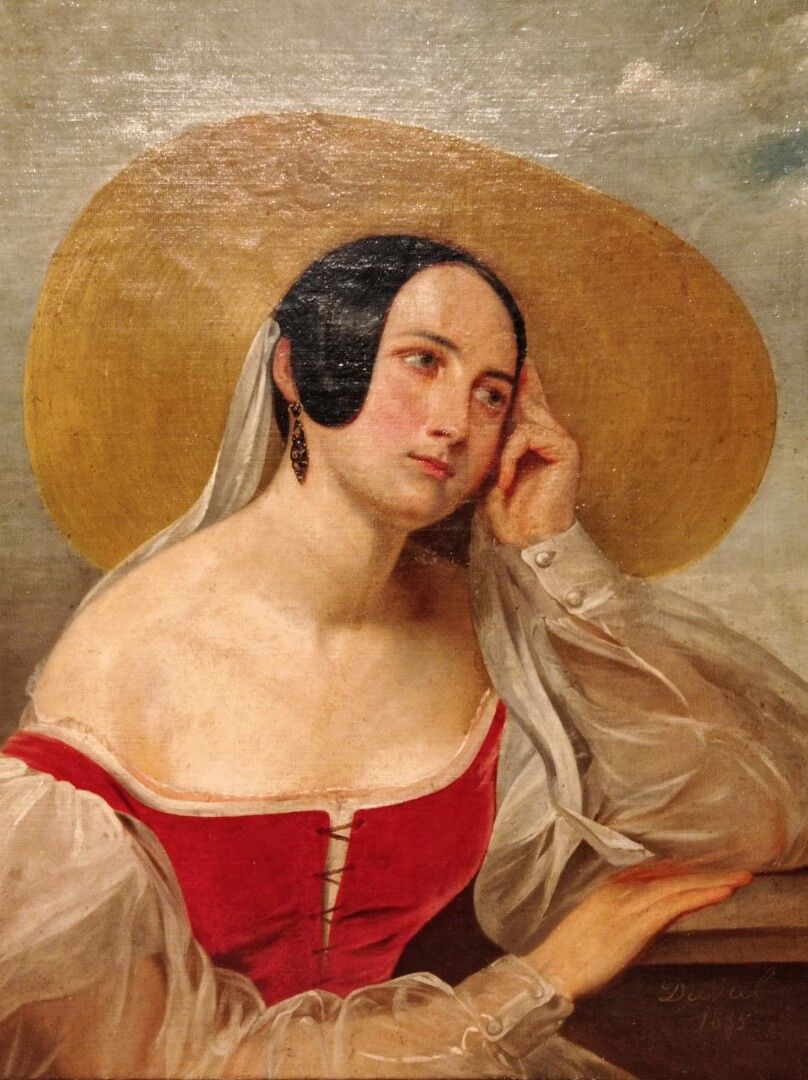 Null DUVAL***法国学校 1833

戴着草帽的年轻女士

布面油画。

右下方有签名，日期为1833年。

76 x 60 厘米