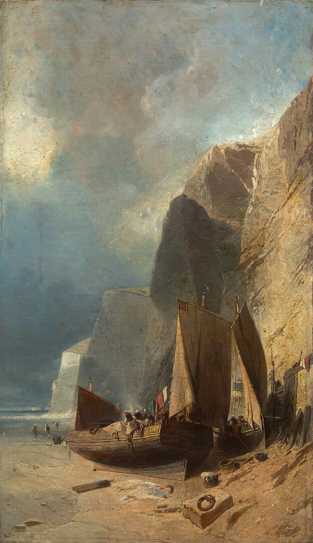 Null 归功于欧仁-戴斯哈耶（Eugéne DESHAYES）（巴黎1828-巴黎1890）。

悬崖脚下低潮时的帆船

帆布。

背面的标签。

71 x &hellip;