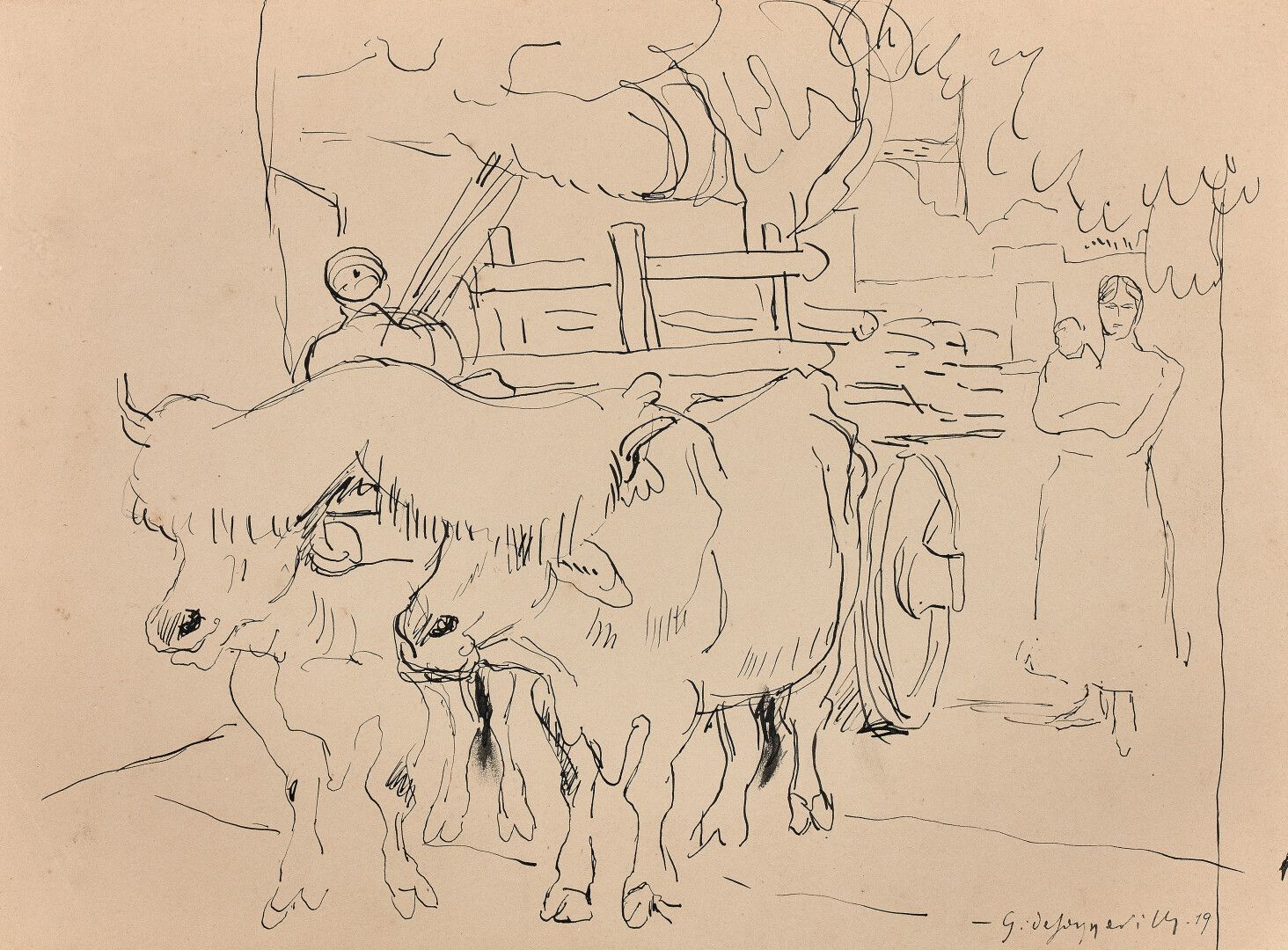 Null 乔治-普雷沃德-索内维尔(1889-1978)

在圣让-德-卢斯赶牛，1919年

笔。

右下方有签名和日期。

背面有工作室的印章，编号1420&hellip;