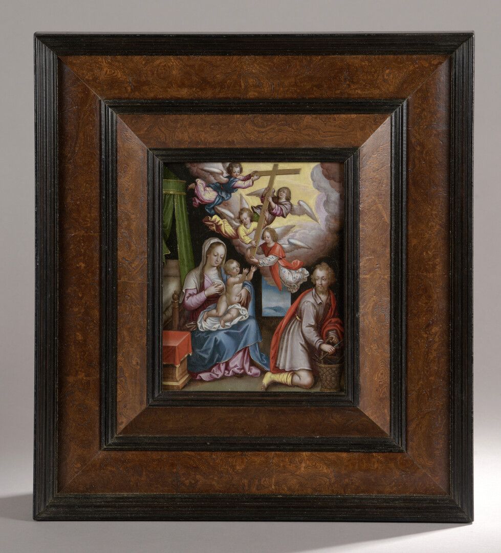 Null 彼得-里萨特 (1574-1615年后)

与天使一起抬着十字架的神圣家族

橡木板，一块板，没有镶边。

21 x 17 cm

展览：贝济耶博物馆&hellip;