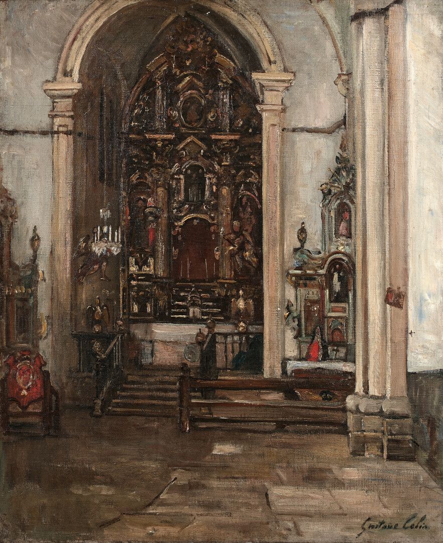 Null 古斯塔夫-科林（Gustave COLIN）(1828-1910)

巴斯克地区的教堂内部

布面油画。

右下方有签名。

73,5 x 60,5 &hellip;