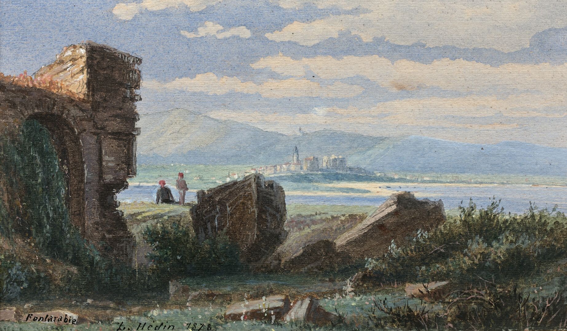 Null 路易-赫定 (1818-1886)

从亨达耶堡垒看到的丰塔拉比亚，1878年

水彩画。

签名，日期，位于左下方。

11.5 x 19.3 厘米&hellip;