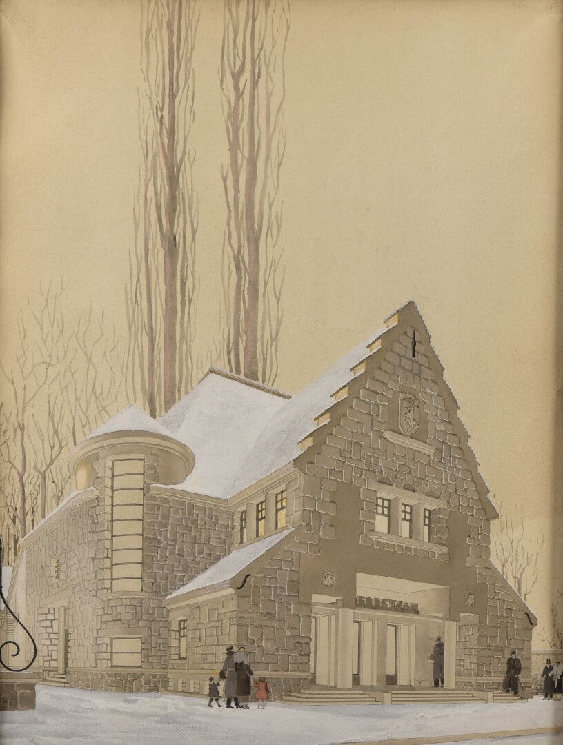 Null 20世纪初的MODERN学校

雪下的剧院

水彩画与水粉画。小裂缝。隔离纸，折叠。

70,5 x 54,2 cm