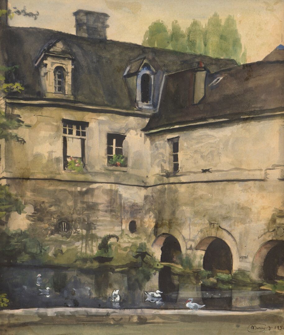 Null 
莫尼克-约根森(1906-?)。




城堡和池塘，28-6-42




水彩画。




右下方有签名和日期，有标题和签名。




背面。
&hellip;