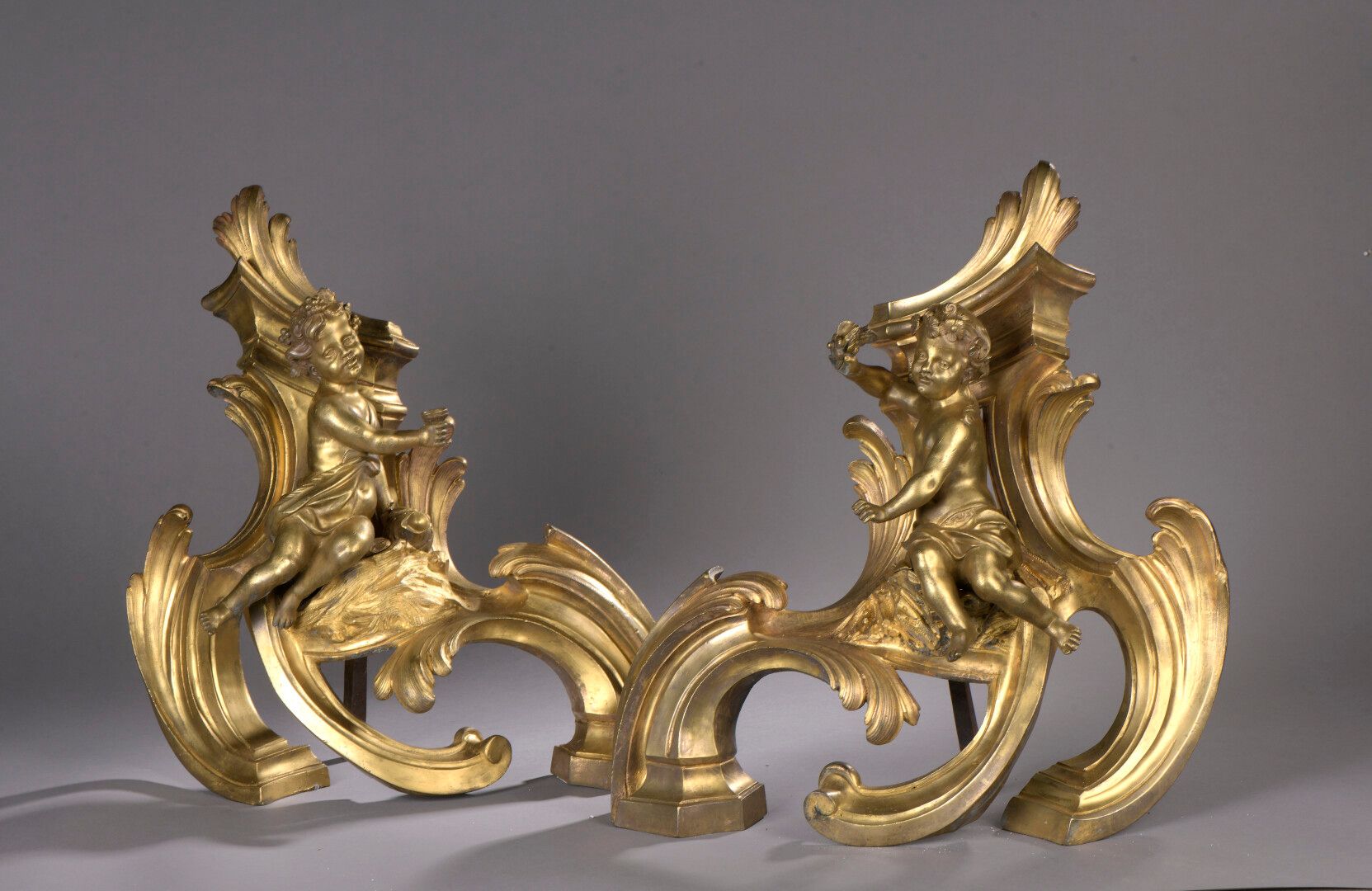 Null Pair of chased and gilt bronze andirons in the Louis XV style, 19th century&hellip;