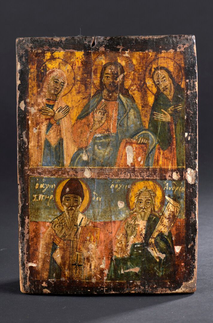 Null 希腊，19世纪

有两个区的圣像，上区是神像，下区是圣斯皮里顿和圣安德鲁。

木板上的淡彩画。

H.25,5 L.18厘米