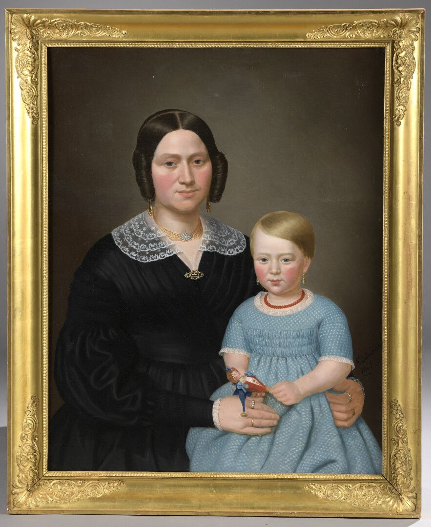Null A.DELMERE，活跃于19世纪

一个女人和她女儿的肖像（根据背面的标签，Lefèvre夫人和她女儿Cécile）。

布面油画。

有签名和日期&hellip;