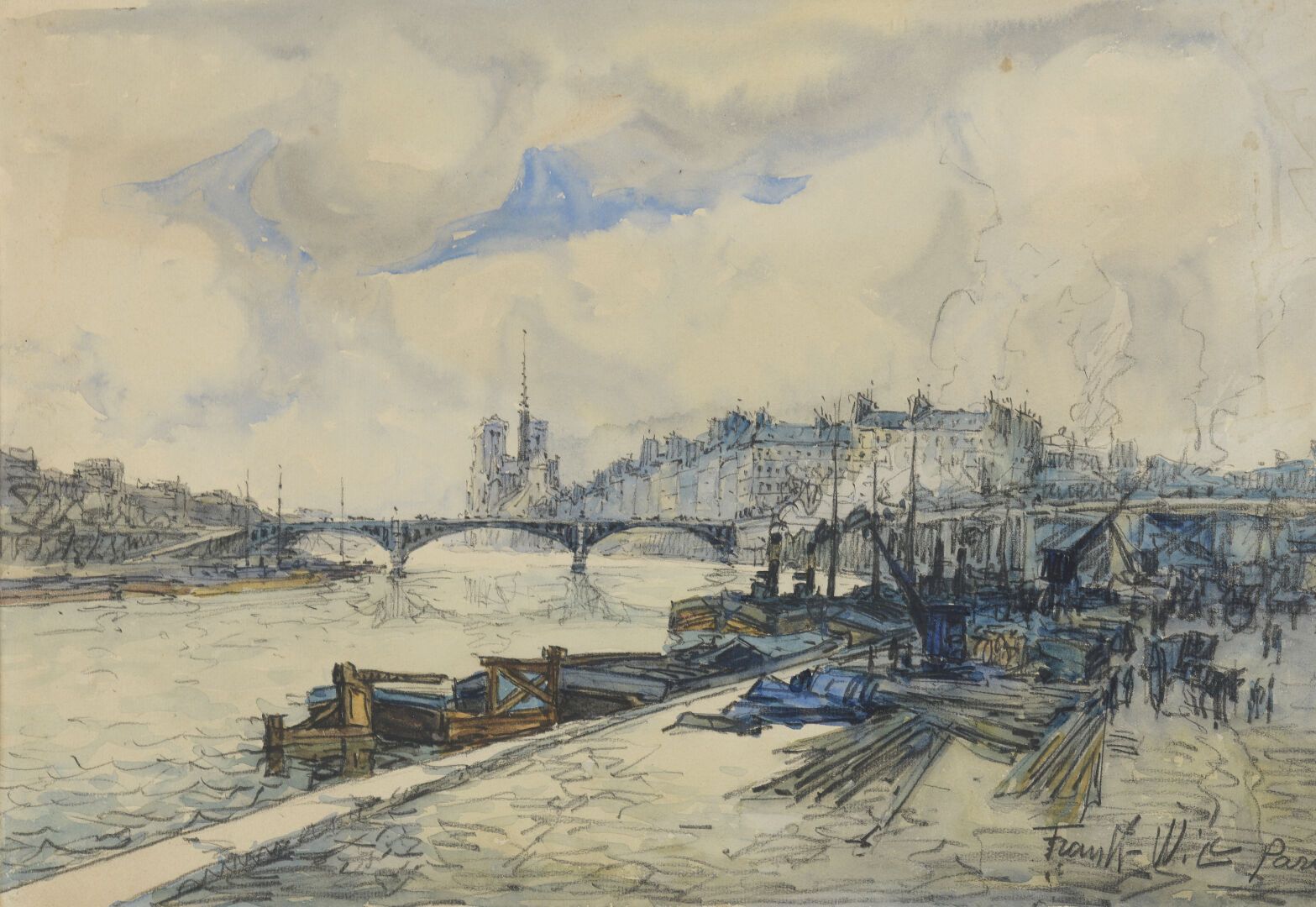 Null 弗兰克-威尔 (1900-1951)

塞纳河的景色，背景是圣母院

炭笔和水彩画，右下方有签名。

32 x 45厘米