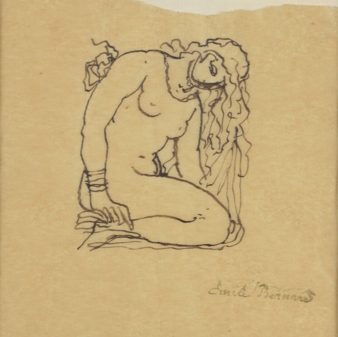 Null 埃米尔-贝尔纳(1868-1941)

跪着的女孩，低着头

墨水。

签名盖在右下方。

剪裁不均匀，没有染色的纸张。

14 x 14,5 cm &hellip;