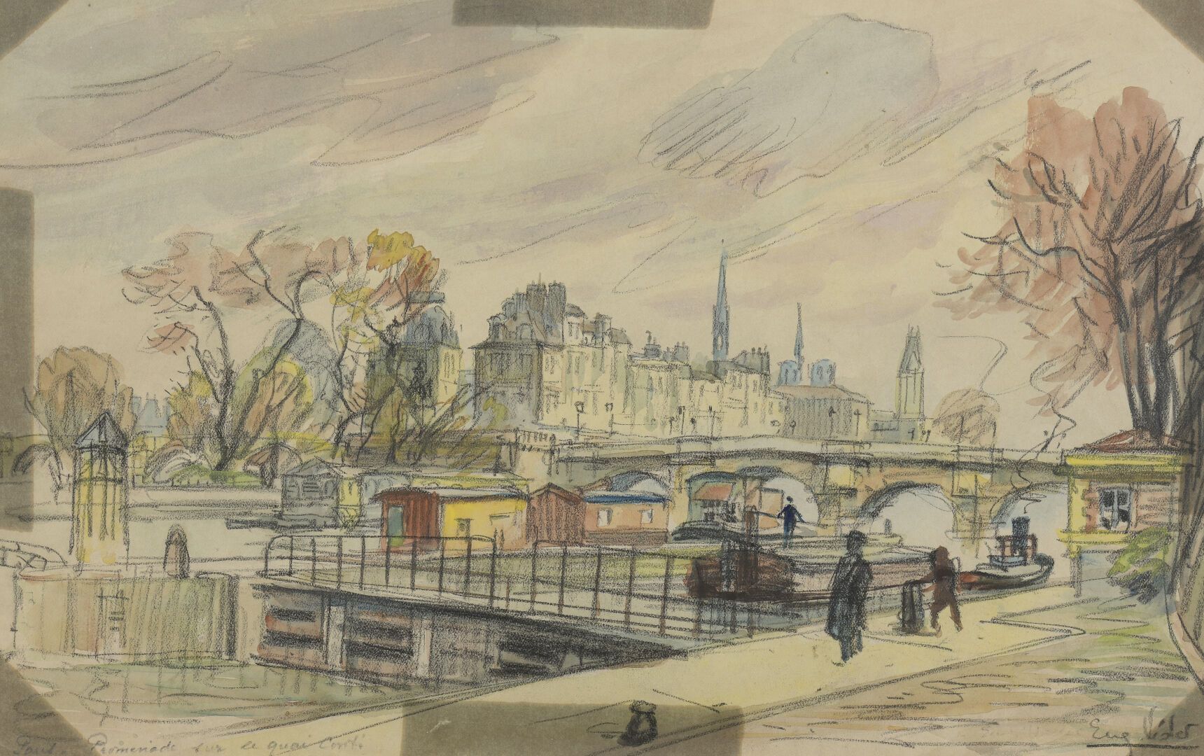Null 欧仁-维德 (1876-1936)

巴黎，在康提河畔散步

纸上水彩和印度墨水。

右下方有签名，位于左下方。

30.7 x 19.3 厘米