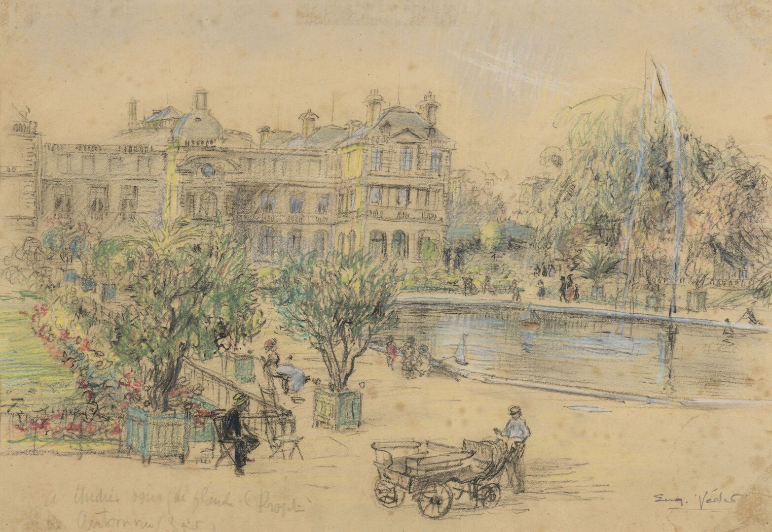 Null 欧仁-维德 (1876-1936)

卢森堡花园和参议院。

水彩画和印度墨水。

蚀刻画的研究。

右下方有签名，标题为《Gde planche的研&hellip;