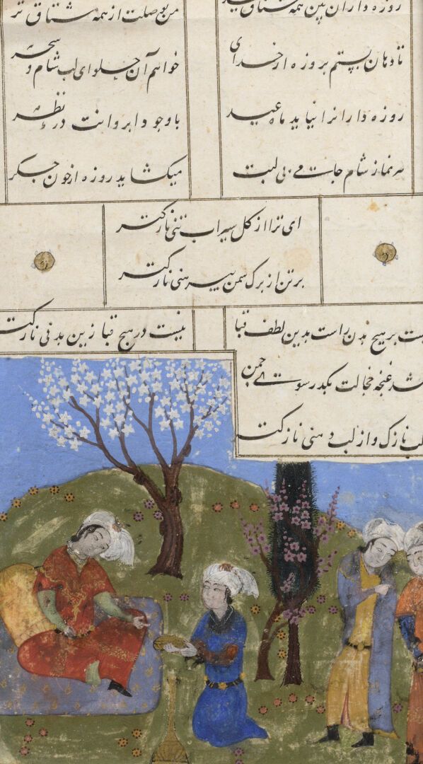 Null 波斯文选集中的一页

纸上多色和金色颜料。

伊朗西部，15世纪末。

旧的磨损和撕裂。

页码 24.7 x 14.5 cm

迷你版15 x 9厘&hellip;