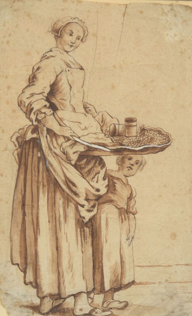 Null 归功于诺埃尔-哈莱（1711-1781）。

卖水果的人

棕色水洗。

污点、划痕和事故。

21 x 13,5 cm