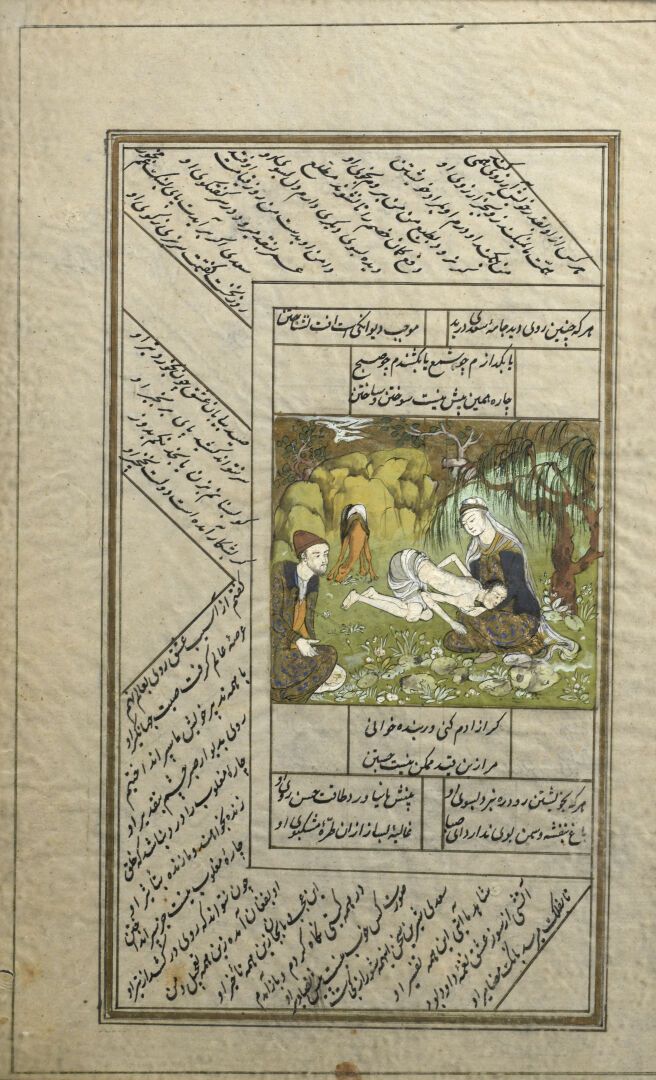 Null 两页手稿，描绘了莱拉和马吉农的浪漫故事中的一些情节

纸上多色和金色颜料。

印度-波斯世界，20世纪。

21 x 11.3 cm
