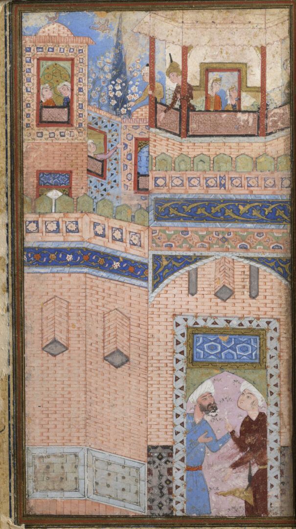 Null 萨法维时期波斯微型画的碎片

纸上多色颜料和黄金。

伊朗，可能是设拉子，16世纪下半叶。

迷你版16 x 8.5厘米



在下半部分，两个人物在&hellip;