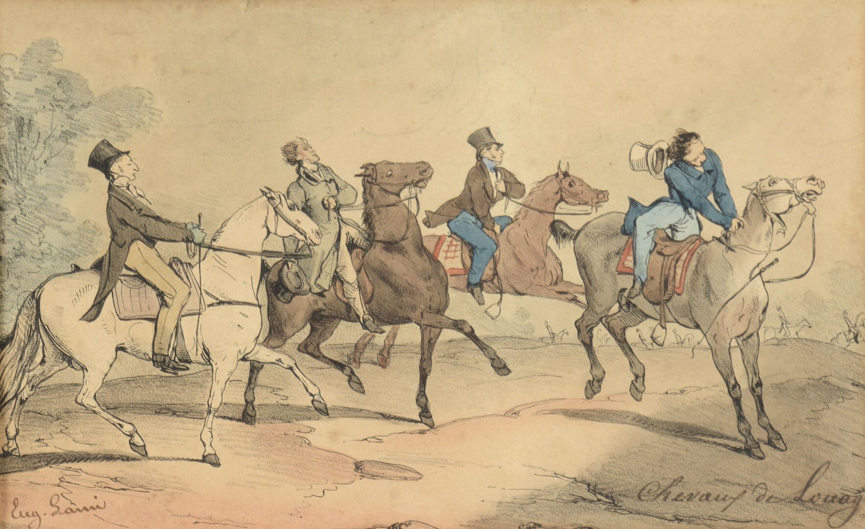 Null 欧仁-拉米 (1800-1890)

1828年，布洛涅森林中的马匹

用铅笔和钢笔着色的石版画，有修饰。

在右下方的一行字下：I-Lith by &hellip;
